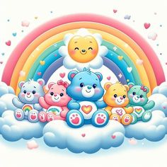 a group of teddy bears sitting on top of a cloud with a rainbow in the background