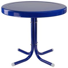 a small blue table with two legs and a round top, on a white background