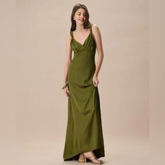 Details: - Occasion: Special Occasion - Fabric Stretch: No Stretch - Waist: High Waisted - Dress Type: Sheath Dress - Silhouette: A-Line - Fabric: Polyester 97.0%, Spandex 3.0% - Lining: Polyester 100.0% - Material: Satin Description: This Exquisite Maxi Dress Features A Deep V Neckline, Adding A Touch Of Sophistication While Accentuating The Dcolletage. The Ruched Detailing Throughout The Dress Provides A Flattering Fit And Elegant Texture, Enhancing The Overall Silhouette. No Defects Such As T Olive Green Boho Dress, Green Bridesmaid Dress, Sets Outfit, Elegant Texture, Ruched Maxi Dress, Green Dresses, Green Bridesmaid Dresses, High Waist Dress, Satin Maxi