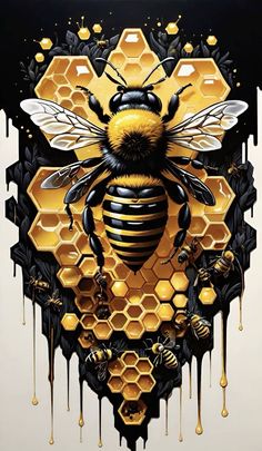 a painting of a bee with honey dripping from it's wings and bees around it