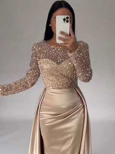 Champagne Satin Dress, Fall Wedding Reception, Cocktail Dress Elegant, Satin Dresses Long Sleeve, Sequin Evening Gowns, Evening Dresses Online, Satin Dress Long, Cheap Evening Dresses, Fall Wedding Guest Dress