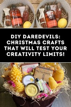 two buckets filled with different types of christmas crafts and some text overlay that reads diy daredils christmas crafts that will test your creativity limits