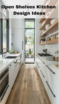 Transform Your Kitchen: Stylish and Practical Open Shelving Ideas Small Open Galley Kitchen, Ikea U Shaped Kitchen, Small Narrow Kitchen Design, Small Narrow Kitchen Ideas, Small Gallery Kitchen, Modern Galley Kitchen Design, Narrow Galley Kitchen, Small Narrow Kitchen, Double Galley Kitchen