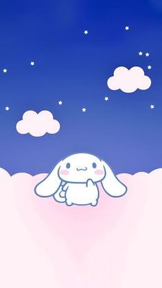 a cartoon bunny sitting in the snow with stars and clouds above it, looking up at the sky