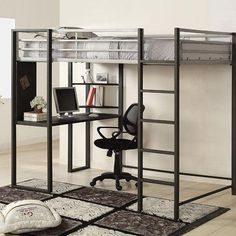 Sherman CM-BK1098 Silver/Gun Metal Contemporary Bunk Bed By Furniture Of America - sofafair.com Bed With Desk Underneath, Contemporary Bunk Beds, Metal Twin Bed, A Loft Bed, Loft Bed With Desk, Murphy Bed Ikea, Modern Bunk Beds, Bunk Bed With Desk, Loft Bed Frame