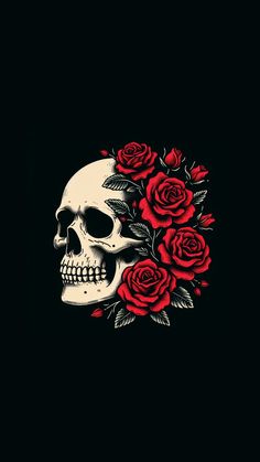 a skull with red roses on it's head is shown in the dark background