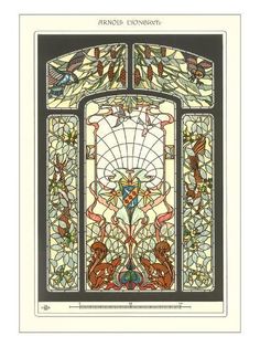 an ornate stained glass window with birds and flowers