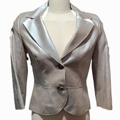 Vince Metallic Nude Leather Blazer (A Muted Silver Metallic....Unique, Versatile Neutral, Not A Loud Metallic) Size Tag Missing But Fits Like Xs / Us 0-2 Brand New A Vintage Vince Style That Still Has Tags On It And Was Never Worn Chic Fitted Metallic Blazer, Elegant Luxury Metallic Blazer, Chic Fitted Metallic Outerwear, Glamorous Long Sleeve Metallic Blazer, Retro Single-breasted Leather Blazer, Leather Blazer Jacket, Leather Blazer, Blazer Jacket, Metallic Silver