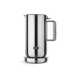 a stainless steel coffee pot with handle on the top and bottom, in front of a white background