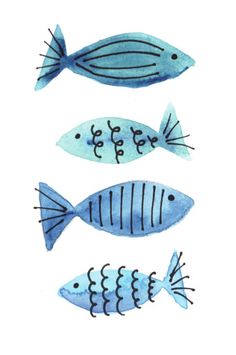 three blue fish are shown in watercolor on paper, one is black and the other is white