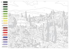 a coloring page with trees and buildings in the background, including an image of a town