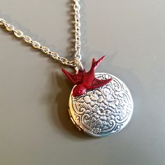 Red Bird Locket Necklace, Silver Locket, Small Locket, Cardinal, Keepsake Jewelry, Nature Gift, Gift for Woman, Graduation, Birthday Red Locket Necklace For Wedding, Red Medallion Necklace For Gift, Adjustable Red Engraved Jewelry, Red Medallion Jewelry For Gifts, Red Locket Pendant Jewelry, Red Engraved Adjustable Jewelry, Personalized Vintage Red Jewelry, Red Locket Necklace For Valentine's Day, Valentine's Day Red Locket Necklaces