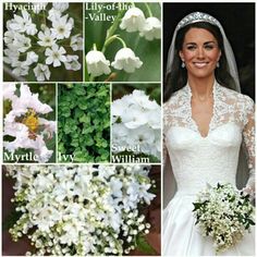 the wedding bouquets are all white and have flowers in each one, including lily - of - the - valley