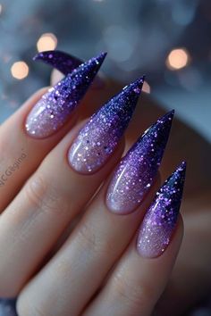 Add some sparkle with these glitter nail art designs. Perfect for a glamorous and eye-catching manicure. Purple Glitter Nail Art, Adult Nail Designs, Chunky Glitter Nails Acrylics, Lilac Glitter Nails, Nail Art Designs Glitter, Nail Glitter Design, Sparkly Purple Nails, Purple Sparkle Nails, Galaxy Nail Designs