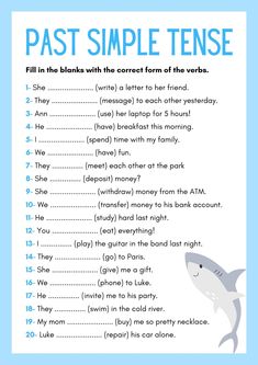 the past simple tense worksheet is shown in blue and has an image of a shark