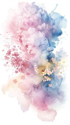 an abstract painting with pink, blue and yellow colors on it's side in the air