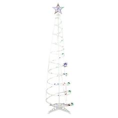 a white christmas tree with lights and stars on it's top, against a white background