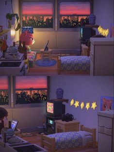 two pictures of the same room in an apartment at night, one with a bed and another with a laptop