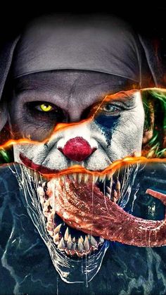 a clown with yellow eyes and red lips