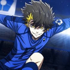 an anime character with black hair and yellow eyes in blue shirt holding his arms out