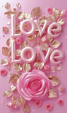 the words love are made out of paper flowers and leaves on a pink background with gold foil