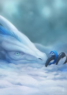 a white dragon with blue eyes in the snow