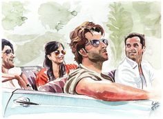 a watercolor painting of people in a convertible car