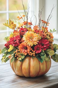 pumpkin-floral-arrangements Fall Decoration, Pumpkin Crafts, Autumn Decor, Autumn Season, Fall Floral, Fall Season, Floral Decor