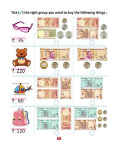 the money worksheet is filled with pictures and numbers to help students learn how to use