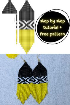 the beaded earrings are made with black, yellow and white seed stitchs to make them