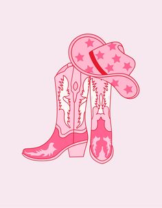 a pink cowboy boot with stars and a hat on it's head is shown