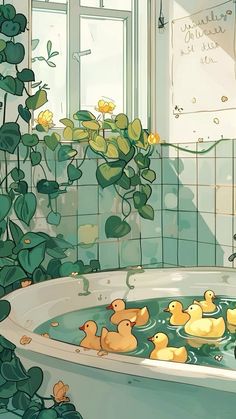 there are many rubber ducks in the bathtub next to a potted green plant