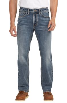 Washed and faded like a pair of old favorites, these jeans cut from cotton-blend denim feature a relaxed, roomy fit with a touch of stretch for added comfort. 19" leg opening; 11" front rise (size 32 x 32) Zip fly with button closure Five-pocket style 92% cotton, 7% polyester, 1% elastane Machine wash, tumble dry Imported Rugged Relaxed Fit Faded Jeans, Rugged Light Wash Straight Leg Bottoms, Rugged Relaxed Fit Jeans In Medium Wash, Rugged Medium Wash Relaxed Fit Jeans, Rugged Relaxed Fit Medium Wash Jeans, Rugged Relaxed Fit Medium Wash Bottoms, Rugged Medium Wash Bottoms, Relaxed Straight Leg Jeans, Silver Jeans