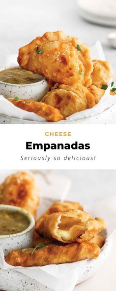 two plates filled with fried food on top of a white plate and the words, cheese empanadas seriously so delicious