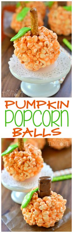 pumpkin popcorn ball recipe in the shape of a pumpkin on a white plate with green leaves