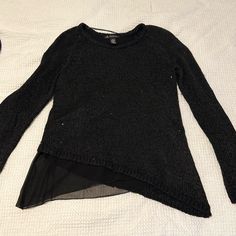 Size: Large Never Worn Material: 75% Polyester 13% Cotton 10% Rayon 2% Metallic Black Sequined Tops For Winter, Black Long Sleeve Sweater With Sequins, Black Long Sleeve Sequin Sweater, Black Winter Sweater With Sequins, Cap Sleeve Sweater, Sweaters Black, Black Long Sleeve Sweater, Cutout Sweater, Embellished Sweatshirts