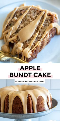 an apple bundt cake with caramel drizzle on top is shown in this collage