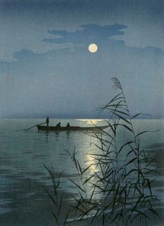 two people in a small boat on the water at night with the moon rising over the horizon