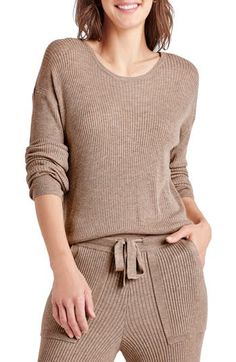 Ribbed stitching textures a scoop-neck sweater knit with a touch of soft cashmere. Scoop neck Long sleeves Ribbed cuffs and hem 40% viscose, 30% nylon, 25% polyester, 5% cashmere Dry clean Imported Cozy Ribbed Cashmere Tops, Casual Cashmere Textured Knit Top, Casual Textured Cashmere Knit Top, Chic Fall Knit Top With Scoop Neck, Casual Scoop Neck Knit Sweater, Casual Scoop Neck Sweater For Winter, Fall Scoop Neck Knit Top For Layering, Scoop Neck Knit Top For Fall Layering, Ribbed Cashmere Crew Neck Top