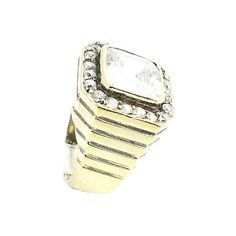 Gilt-sterling silver cocktail ring featuring a large channel set crystal surrounded by smaller crystals. U.S. size: 9; can be sized. Marked: 925. Out of round in back, scratches, gilt worn.    Due to the unique nature of this product, all sales are final. This item is not eligible for the standard Chairish return policy. Formal Diamond White Crystal Ring With Sparkling Stones, Formal Rhinestone Ring, White Crystal Ring With Rhinestones For Anniversary, Classic Rhinestone Rings For Formal Occasions, Classic Formal Rings With Rhinestones, Formal Diamond White Ring With Rhinestones, Classic Formal Rhinestone Rings, Dazzling Crystal Ring With Rhinestones For Formal Events, Dazzling Crystal Ring With Rhinestones For Formal Occasions