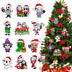 a christmas tree decorated with cartoon characters and decorations for the holiday season is shown in front of a white background