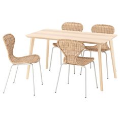 an image of a table and chairs with wicker on the backrests for dining room furniture