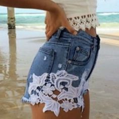 Beautiful High Waist Casual Blue Denim Short Lace Crochet Please See Pics For The Measurements Before Buying. Summer Lace Stretch Bottoms, Fitted Denim Bottoms With Lace Trim, Summer Stretch Lace Shorts, Summer Denim Bottoms With Lace Trim, Stretch Lace Bottoms For Summer, White Jeans For Spring Beach Outing, Denim Bottoms With Lace Trim For Summer, White Jeans For Beach In Spring, High-waist Lace Bottoms For Spring