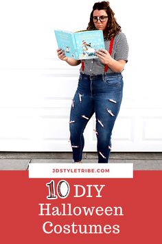 a woman is standing in front of a garage door and reading a book with the title 10 diy halloween costumes