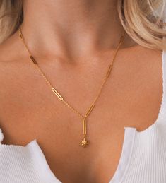 Gold Star Drop Necklace on Link Chain Length: approx. 17 - 19 inches (adjustable) 18K Gold Plated Stainless Steel Water Resistant Solitaire Earrings, Accessories Bags Shoes, Glamorous Style, Necklace Online, Gold Star, Jewelry Inspo, Drop Necklace, Gold Stars, Steel Water