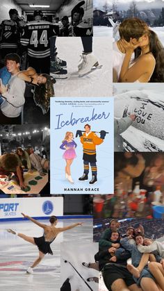 the collage shows people skating, ice skating, and posing for pictures with their arms around each other