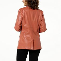 DG2 by Diane Gilman Signature Collection Stretch Faux Leather Blazer   Leather-inspired with a sleek and fitted retro silhouette, this Signature Collection blazer is a statement layer that's great for giving outfits an elegant edge. Spring Faux Leather Business Casual Jacket, Trendy Faux Leather Outerwear For Business Casual, Fitted Faux Leather Outerwear For Business Casual, Spring Faux Leather Jacket For Business Casual, Fitted Faux Leather Blazer For Fall, Spring Fitted Leather Jacket For Business Casual, Trendy Fitted Leather Jacket For Office, Fitted Leather Jacket For Spring Business Casual, Faux Leather Jacket For Business Casual