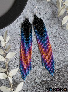 Black bright colorful beaded earrings Gradient dangle earrings | Etsy Red Bead Earrings, Luxury Boho, Beadwork Earrings, Earrings Patterns, Earrings Luxury, Earring Sets, Loom Pattern, Beaded Earrings Patterns, Beading Projects