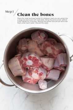 raw meat is being cooked in a pot on the counter top with instructions for how to cook it