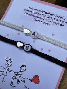 Matching Couples Custom Bracelet set in black and white, with heart charm and letter beads How do I order: - Quantity 1 - select Options: Set of 2( you will receive 2 bracelets) - Personalization box Example: white with letter A(black and white) + heart charm Black with letter C (white and black) + heart charm For cord color options and letter also charm options please see last 2 pictures. 🚚 Delivery 1st class Royal Mail for UK deliveries Arrives in 1-2working days Royal Mail standard Internati Black Braided Bracelets For Valentine's Day Gift, Black Braided Bracelet For Valentine's Day Gift, Personalized Black Braided Bracelet For Valentine's Day, Adjustable Black Heart Bracelet For Best Friend Gift, Personalized Black Friendship Bracelet For Birthday, Personalized Black Friendship Bracelets For Birthday, Personalized Black Bracelets For Valentine's Day, Black Personalized Bracelets For Valentine's Day, Personalized White Heart Bracelet For Everyday